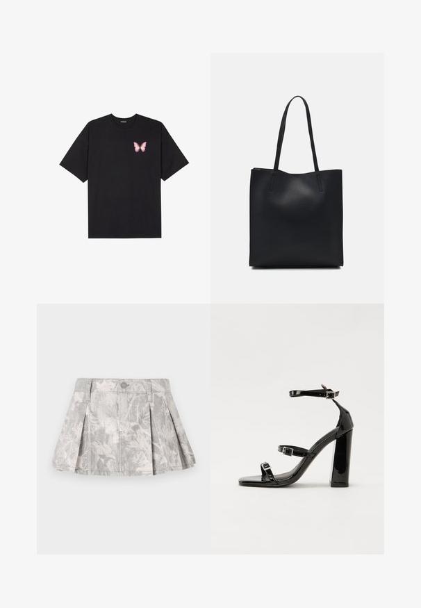 Svart bomulls T-skjorte med korte ermer, med en liten rosa sommerfugl grafikk på venstre bryst. Crew-neck design med en avslappet passform.; Grå denimskjørt med plissert design, preget av et subtile bladmønster i lysere nyanser. Klassisk snitt med midjebånd og metallknapp-lukking.; Svart høyglans sandaler med hæl, firkantet tå, ankelremmer og sølvspenner. Har en kraftig blokkhæl for stabilitet.; Svart lær tote bag med glatt tekstur, rektangulær form og to lange håndtak. Ingen synlige deler eller dekorasjoner.
