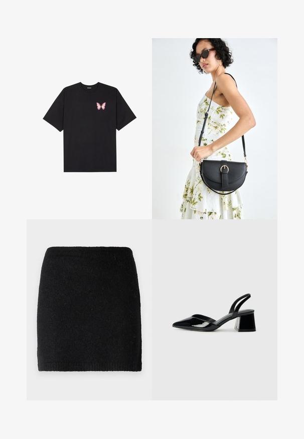 Black cotton t-shirt with short sleeves, featuring a small pink butterfly graphic on the left chest. Crew neck design with a relaxed fit.; Black wool mini skirt with a textured surface, a fitted silhouette, and a ribbed waistband. No additional hardware or patterns.; Black patent leather slingback heels with a pointed toe and a geometric block heel. Features a sleek, minimal design and smooth texture.; Black leather handbag with a curved shape, detachable strap, and gold hardware. The bag features a flap with a buckle detail.
