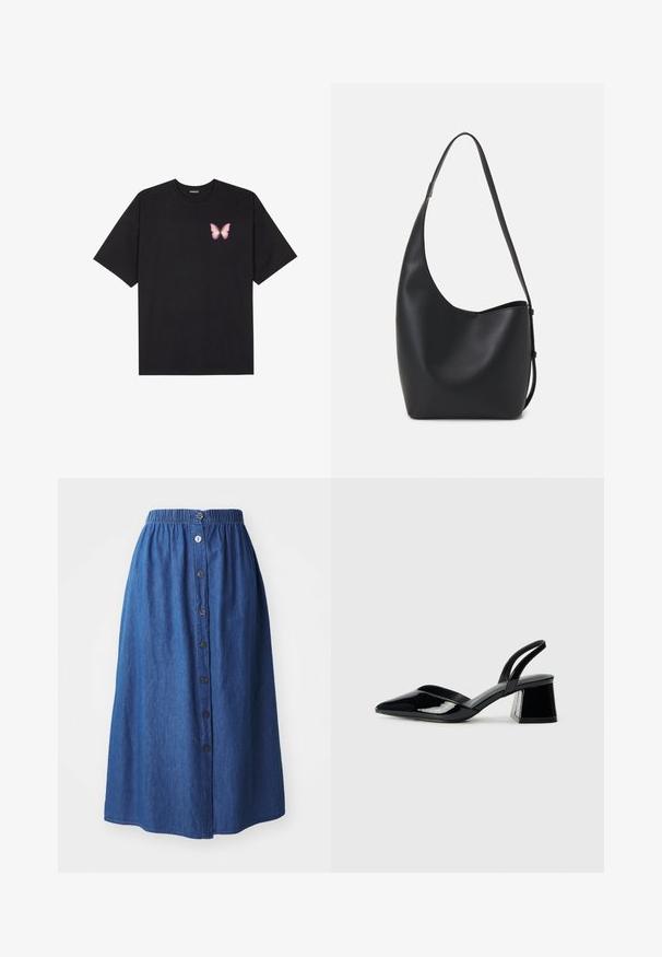 T-shirt en coton noir à manches courtes, avec un petit graphique de papillon rose sur la poitrine gauche. Modèle à col rond avec une coupe décontractée.; Jupe en denim avec une taille élastique, en tissu bleu, pleine longueur, fermeture éclair à l'avant et texture subtile. Pas de motifs ou d'accents visibles.; Escarpins en cuir verni noir avec bout pointu et talon bloc géométrique. Présente un design élégant et minimaliste ainsi qu'une texture lisse.; Sac hobo en cuir noir avec une texture lisse, une forme incurvée et une seule sangle réglable ; dispose d'une large ouverture en haut.