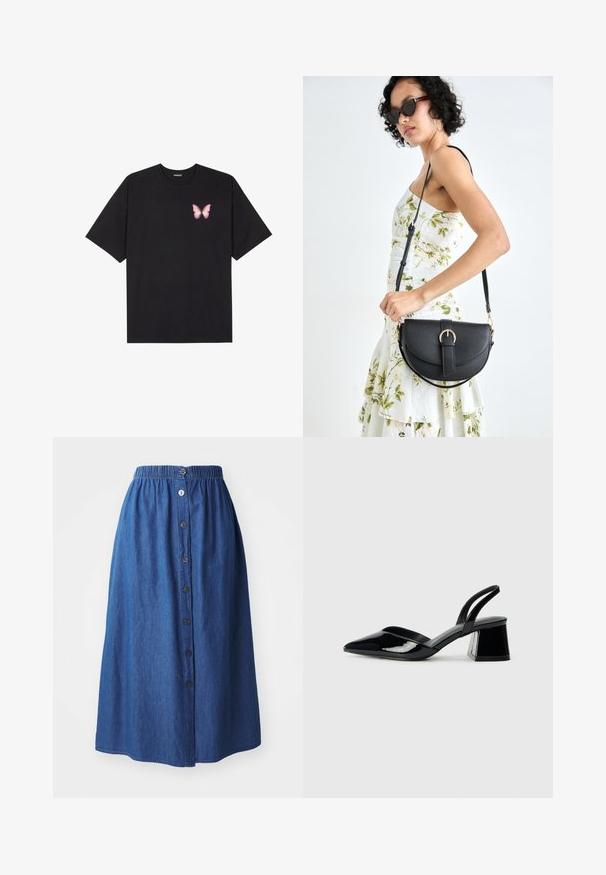 T-shirt nera in cotone con maniche corte, caratterizzata da una piccola grafica di una farfalla rosa sul lato sinistro del petto. Design a girocollo con una vestibilità rilassata.; Gonna di denim con fascia elastica in vita, tessuto blu, lunghezza totale, chiusura frontale con bottoni e leggera texture. Nessun motivo o accento visibile.; Décolleté in vernice nera con punta affusolata e tacco in geometria cubica. Presentano un design elegante e minimalista, con una texture liscia.; Borsa a tracolla nera in pelle con una forma curva, manico rimovibile e accessori dorati. La borsa presenta una patta con un dettaglio a fibbia.