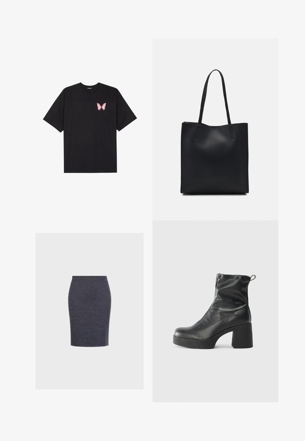 Crna pamučna majica s kratkim rukavima, s malim grafičkim prikazom ružičaste vjetricaste s desne strane na prsima. Dizajn s okruglim izrezom i opuštenim krojem.; Suknja uskog kroja do koljena napravljena od tamnosive teksturirane tkanine s glatkim pojasom i diskretnom oznakom branda sa strane.; Crne gležnjače od glatke kože, s bočnim zatvaračem, debelim teksturiranim potplatom i dizajnom s zaobljenim prstima.; Crna kožna torba za nošenje s glatkom teksturom, pravokutnim oblikom i dvije duge ručke. Nema vidljivih metalnih dijelova ili ukrasa.