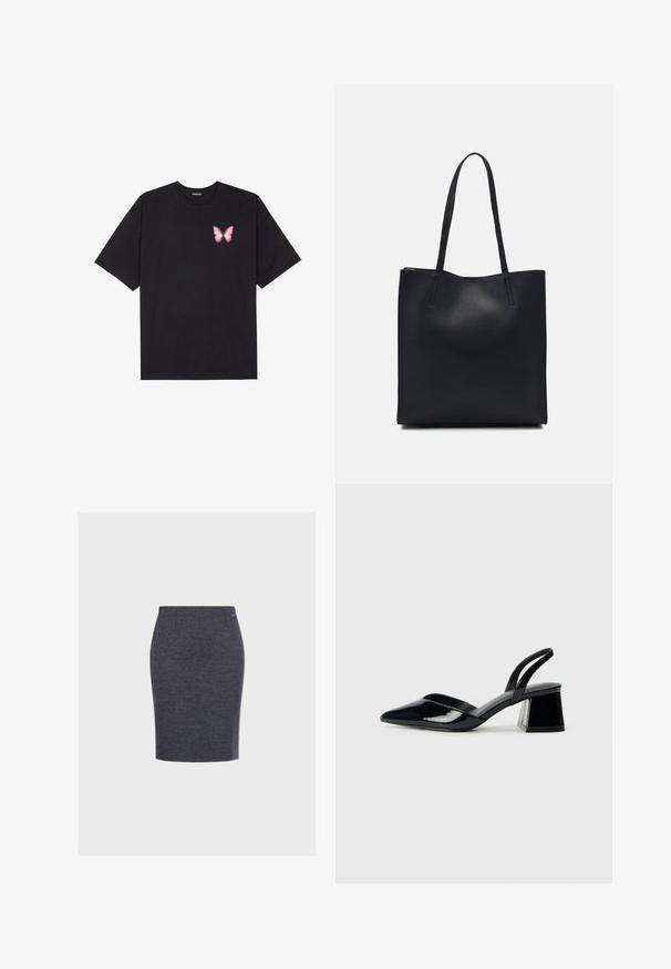 Zwarte katoenen t-shirt met korte mouwen, voorzien van een kleine roze vlinder graphic op de linkerkant van de borst. Crew neck ontwerp met een relaxte fit.; Knie-lange kokerrok gemaakt van donkergrijze textuurstof met een gladde tailleband en een discrete merkteken aan de zijkant.; Zwarte gepatineerde leren slingback hakken met een spitse neus en een geometrische blokhak. Kenmerkt zich door een slank, minimalistisch ontwerp en een gladde textuur.; Zwarte leren handtas met een gladde textuur, rechthoekige vorm en twee lange handvaten. Geen zichtbare hardware of versieringen.