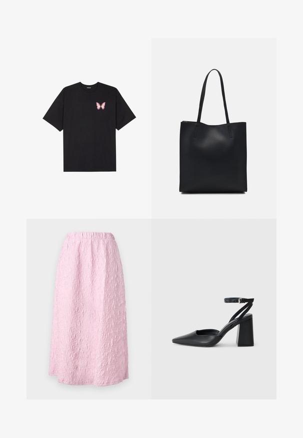 Black cotton t-shirt with short sleeves, featuring a small pink butterfly graphic on the left chest. Crew neck design with a relaxed fit.; Light pink, knee-length skirt with a textured, crinkled design. Elastic waistband for comfort and ease of wear. No visible fastening.; Black leather pointy-toe pump with an ankle strap and a chunky heel. Flat texture, sleek design, and minimalistic aesthetics.; Black leather tote bag with smooth texture, rectangular shape, and two long handles. No visible hardware or embellishments.