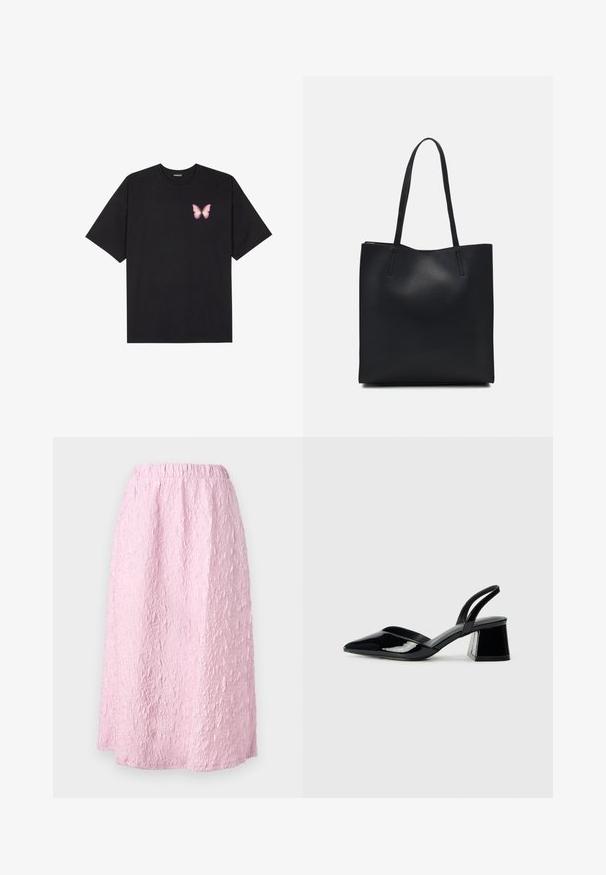 Fekete pamut póló rövid ujjakkal, bal mellkason egy kis rózsaszín pillangó grafikával. Kerek nyakú kialakítás, laza fazonnal.; Világos rózsaszín, térd hosszúságú szoknya texturált, gyűrött mintázattal. Rugalmas derékpánt a kényelem és a könnyű viselés érdekében. Nincs látható záródás.; Fekete lakk bőr szandálkés magas sarkú cipő, hegyes orral és geometrikus tömbsarkakkal. Karcsú, minimalista dizájn és sima textúra jellemzi.; Fekete bőrtáska sima felszínnel, téglalap alakú, két hosszú füllel. Nincs látható fémkiegészítő vagy díszítés.