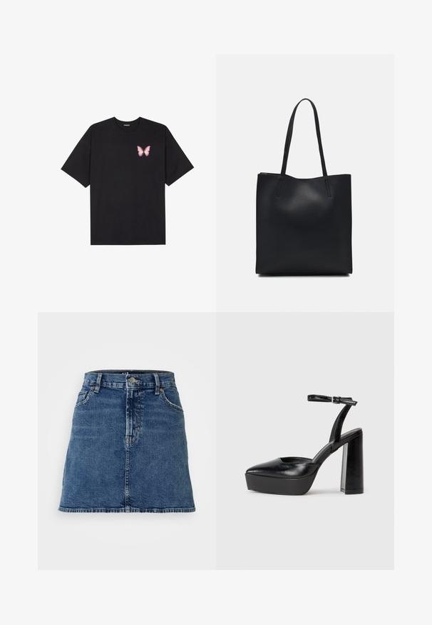 Black cotton t-shirt with short sleeves, featuring a small pink butterfly graphic on the left chest. Crew neck design with a relaxed fit.; Denim skirt in medium blue, featuring a fitted waist, front pockets, and a straight cut. Mid-thigh length with minimal distressing.; Black platform heels with a pointed toe and adjustable ankle strap. Constructed from smooth leather, featuring a chunky block heel.; Black leather tote bag with smooth texture, rectangular shape, and two long handles. No visible hardware or embellishments.