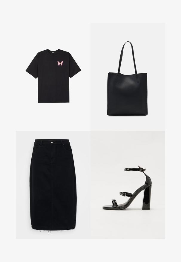 T-shirt de algodão preto com mangas curtas, apresentando um pequeno gráfico de borboleta rosa no lado esquerdo do peito. Design de gola redonda com um corte solto.; ONLY Carmakoma CARNELIA MAXI SLIT SKIRT - Saia de ganga - washed black; Sandálias de tacão preto laqueadas com bico quadrado, tiras para o tornozelo e fivelas prateadas. Apresentam um salto bloco chunky para estabilidade.; Bolsa tote preta em couro com textura lisa, forma retangular e duas alças longas. Sem hardware ou enfeites visíveis.