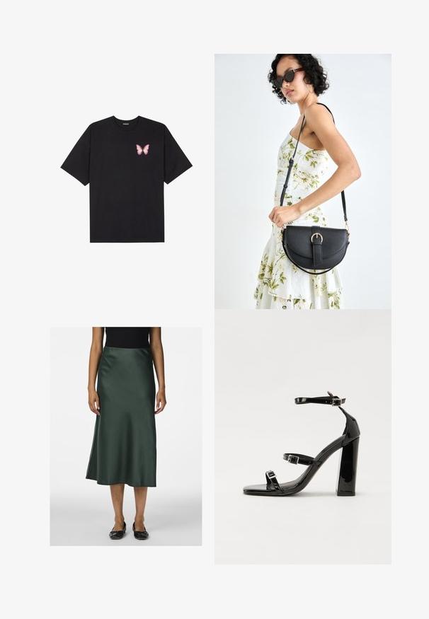 Camiseta de algodón negra de manga corta, con un pequeño gráfico de mariposa rosa en el lado izquierdo del pecho. Diseño de cuello redondo con un corte relajado.; Falda midi de satén verde con una textura suave, dobladillo ligeramente acampanado y una abertura lateral, combinada con zapatos planos negros.; Sandalias negras de charol con tacón alto, dos correas con hebilla, punta cuadrada y tacón grueso, con una textura lisa y brillante.; Bolso de piel negra con forma curva, correa desmontable y herrajes dorados. El bolso cuenta con una solapa con un detalle de hebilla.