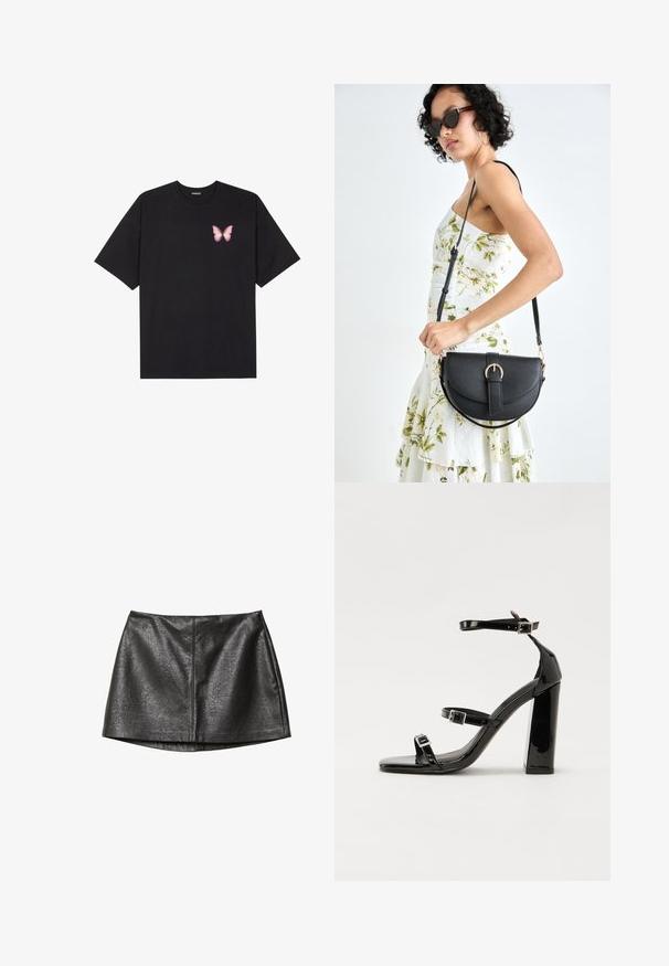 T-shirt nera in cotone con maniche corte, caratterizzata da una piccola grafica di una farfalla rosa sul lato sinistro del petto. Design a girocollo con una vestibilità rilassata.; Gonna in ecopelle nera con una texture liscia, caratterizzata da un taglio dritto e una leggera lucentezza, progettata con dettagli di cucitura minimi.; Sandali con tacco in vernice nera, con punta squadrata, cinturini alla caviglia e fibbie in argento. Presentano un tacco a blocco spesso per maggiore stabilità.; Borsa a tracolla nera in pelle con una forma curva, manico rimovibile e accessori dorati. La borsa presenta una patta con un dettaglio a fibbia.