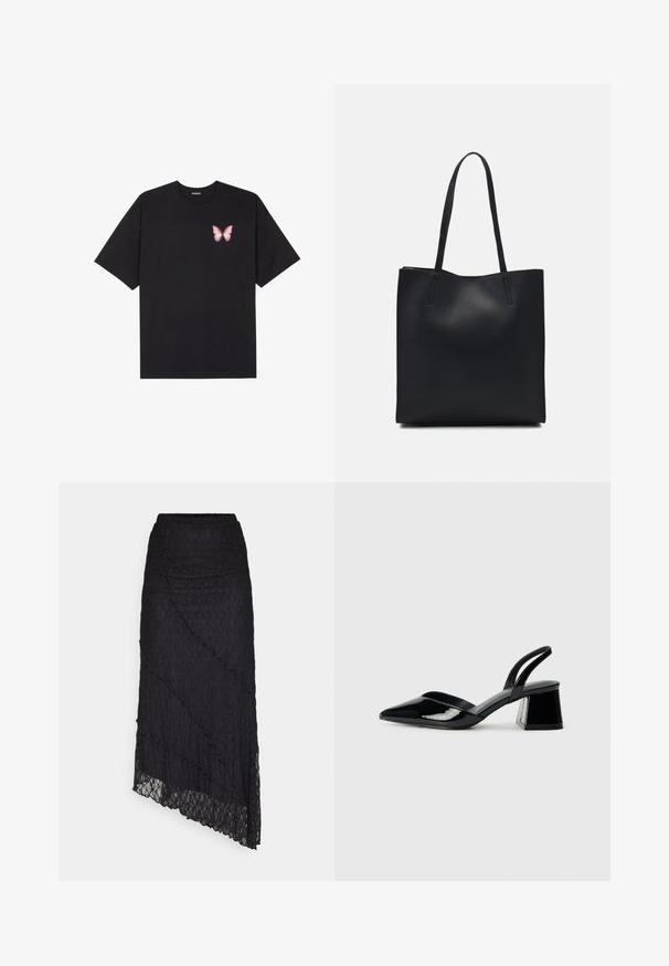 Camiseta de algodón negra de manga corta, con un pequeño gráfico de mariposa rosa en el lado izquierdo del pecho. Diseño de cuello redondo con un corte relajado.; ONLY ONLKIM LACE SKIRT - Falda larga - black; Zapatos de tacón slingback de charol negro con punta afilada y tacón geométrico en bloque. Presentan un diseño elegante y minimalista, así como una textura suave.; Bolso tote de cuero negro con textura lisa, forma rectangular y dos asas largas. Sin herrajes ni adornos visibles.