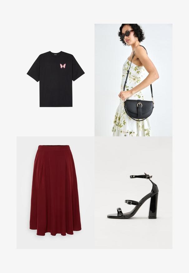 Čierne bavlnené tričko s krátkymi rukávmi, s malým ružovým motýlikom na ľavej hrudi. Design s okrúhlym výstrihom a uvoľneným strihom.; Červená plisovaná midi sukňa s hladkým povrchom, elastickým pásom a voľným tvarom, pričom obsahuje jemné záhyby pre pridaný detail.; Čierne lakované sandále na vysokom opätku s dvoma prackami, štvorcovou špičkou a hrubým blokovým opätkom, s hladkou, lesklou textúrou.; Čierna kožená kabelka s zaobleným tvarom, odnímateľným popruhom a zlatými doplnkami. Kabelka má klopu s detailom s prackou.