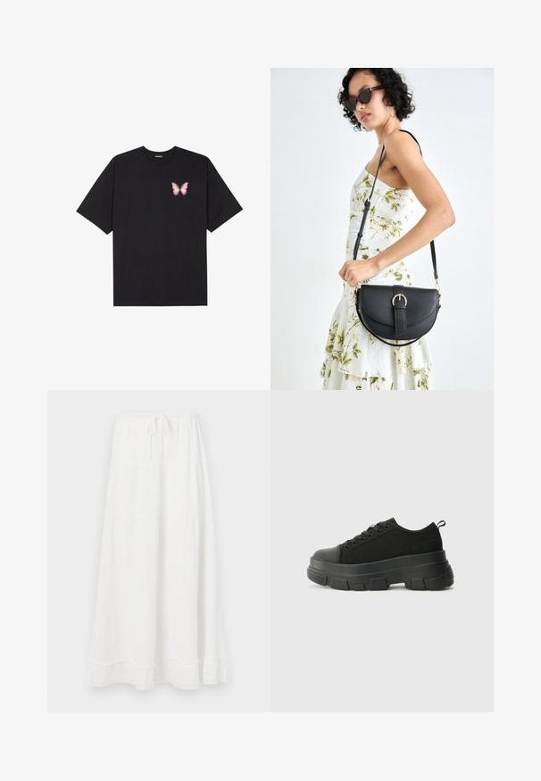 Crna pamučna majica s kratkim rukavima, s malim grafičkim prikazom ružičaste vjetricaste s desne strane na prsima. Dizajn s okruglim izrezom i opuštenim krojem.; Bijela maksi suknja s višeslojnim oblikom, koja ima elastičan pojas i vezicu, od teksturirane tkanine s čipkastim obrubom na donjem dijelu.; Crne tenisice s debelim gumenenim potplatom, teksturiranim gornjim dijelom od tkanine, okruglim vrhom i dizajnom s vezicama. Imaju pojačane rupice za vezice i dodatak za povlačenje straga.; Crna kožna torba s lukovitim oblikom, odvojivim remenom i zlatnim detaljima. Torba ima preklop s kopčom.