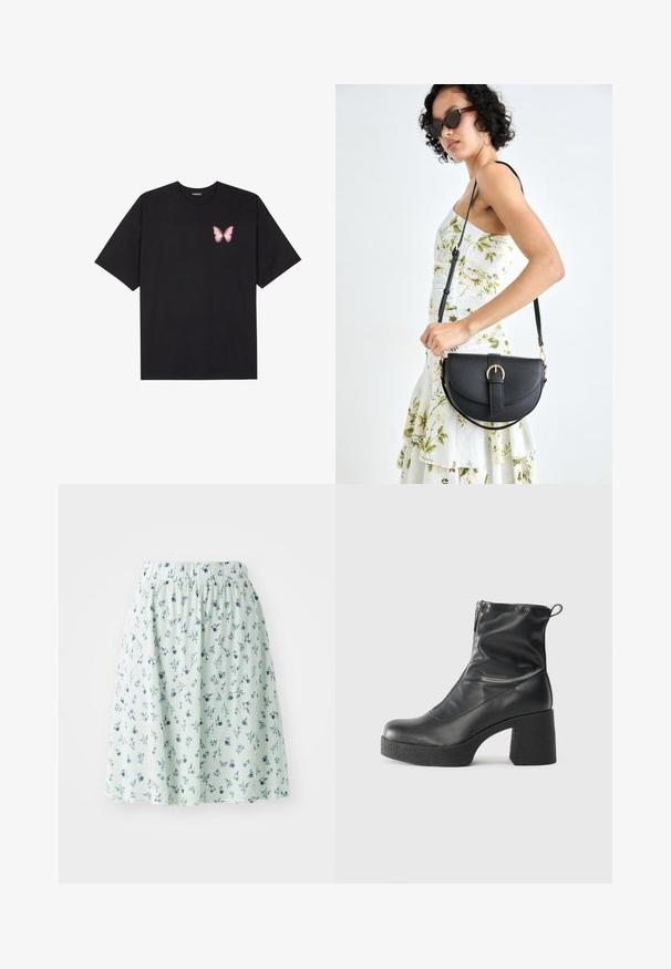 Tricou negru din bumbac cu mâneci scurte, având pe partea stângă a pieptului un mic grafic cu un fluture roz. Design cu guler rotund și croială lejeră.; Fustă florală cu talie elastică, realizată dintr-un material ușor. Prezintă o bază verde mentă cu mici modele florale albastre și albe.; Bocanci negri de glezna din piele netedă, cu fermoar lateral, toc texturat și masiv, și design cu vârf rotund.; Geantă din piele neagră, cu o formă curbată, curea detașabilă și accesorii aurii. Geanta are un capac cu un detaliu tip cataramă.