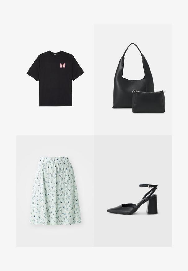 T-shirt de algodão preto com mangas curtas, apresentando um pequeno gráfico de borboleta rosa no lado esquerdo do peito. Design de gola redonda com um corte solto.; Saia floral com cintura elástica, feita de tecido leve. Apresenta uma base verde-menta com pequenos padrões florais azuis e brancos por toda a parte.; Sandal com biqueira afilada em couro preto, com cinta no tornozelo e salto grosso. Textura lisa, design elegante e estética minimalista.; Even&Odd Mala de mão - black