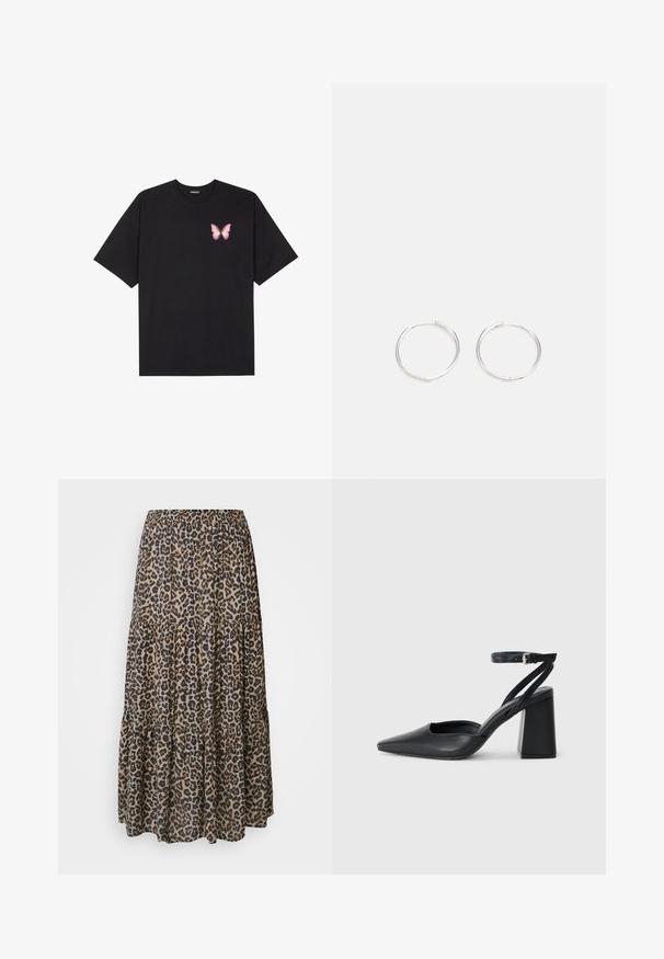 Fekete pamut póló rövid ujjakkal, bal mellkason egy kis rózsaszín pillangó grafikával. Kerek nyakú kialakítás, laza fazonnal.; Leopárdmintás maxi szoknya gumis derékkal, réteges kialakítással és puha, könnyű anyagból, barna, fekete és bézs árnyalatokban.; Fekete bőr, hegyes orrú magassarkú cipő boka pánttal és vastag sarokkal. Sima textúra, elegáns dizájn és minimális esztétika.; Ezüst karika fülbevalók, letisztult, kerek formával, sima felülettel és látható díszítés nélkül. A átmérő nem megadott.