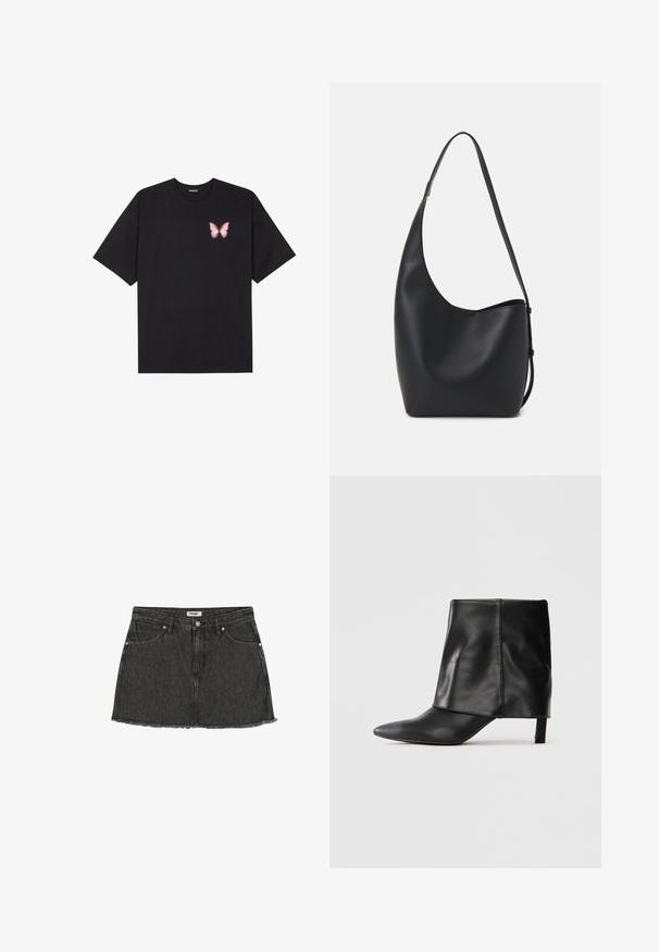 Melna kokvilnas T-krekls ar īsām piedurknēm, kuram priekšā kreisajā pusē ir neliels rozā tauriņa grafiskais attēls. Ar apaļu kaklu un brīvā stila piegriezumu.; Melna denima svārki ar šķēlu malām, pieciem kabatām, priekšējo pogu aizdari un sudraba krāsas aparatūru. Klasisks taisnais piegriezums un vidēja augstuma dizains.; Melnas ādas puslīdz potītes zābaki ar smailu purngalu, salocītu augšējo daļu un slaidu zemu papēdi uz balta fona.; Melnas ādas hobo soma ar gludu tekstūru, izliekta forma un vienu regulējamu jostu; augšā ir plaša atvere.