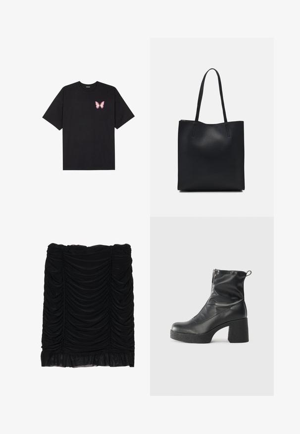 Schwarzes Baumwoll-T-Shirt mit kurzen Ärmeln, das ein kleines pinkes Schmetterlingsmotiv auf der linken Brust zeigt. Crewneck-Design mit einem entspannten Schnitt.; Schwarzer Minirock mit gerafftem Stoff, der ein rüschendes Design und einen fransigen Saum aufweist. Hergestellt aus weichem Material mit glatter Textur.; Schwarze Stiefeletten aus glattem Leder mit seitlichem Reißverschluss, klobigem strukturiertem Absatz und runder Zehenform.; Schwarze Laptoptasche aus Leder mit glatter Textur, rechteckiger Form und zwei langen Griffen. Keine sichtbaren Beschläge oder Verzierungen.