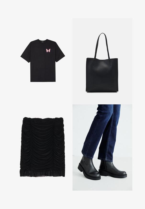 Juodas medvilnės marškinėliai trumpomis rankovėmis, su maža rožine drugelio grafika kairėje krūtinės pusėje. Apvalus kaklo iškirpimas, laisvas kirpimas.; Juoda mini sijonas su sukaupta medžiaga, pasižymintis raukšlėta struktūra ir garbanotu kraštu. Pagamintas iš minkštos medžiagos, turinčios lygų tekstūrą.; Juoda odinė kulkšninių botų su storu padu ir šoninėmis elastinėmis detalėmis, derinama su tamsiai mėlynomis džinsais. Žemė šviesios spalvos.; Juodas odinis tote krepšys su lygia tekstūra, stačiakampio formos ir dviem ilgais rankenomis. Matomų metalinių detalių ar puošybos nėra.