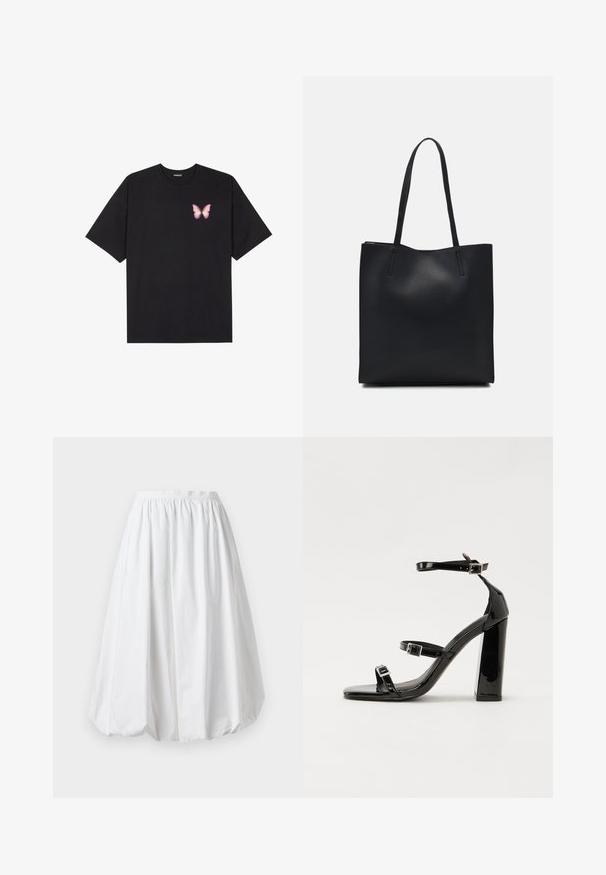 Black cotton t-shirt with short sleeves, featuring a small pink butterfly graphic on the left chest. Crew neck design with a relaxed fit.; White, knee-length skirt with an elasticated waistband and a balloon shape. Made from lightweight fabric with a smooth texture.; Black patent high-heeled sandals with two buckle straps, square toe, and a chunky block heel, featuring a smooth, glossy texture.; Black leather tote bag with smooth texture, rectangular shape, and two long handles. No visible hardware or embellishments.