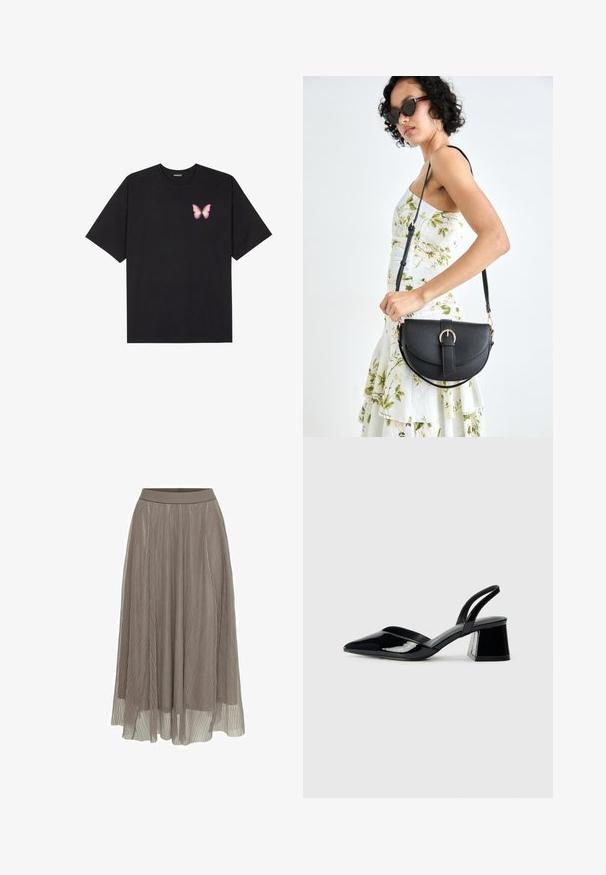 Czarny bawełniany t-shirt z krótkim rękawem, z małym różowym motylkiem na lewej piersi. Klasyczny dekolt z luźnym fasonem.; Maxi spódnica plisowana w kolorze taupe, z gładkim pasem w talii i opływowym krojem. Wykonana z lekkiego, przezroczystego materiału o delikatnej fakturze.; Czarne lakierowane półbuty na obcasie z wydłużonym noskiem i geometrycznym słupkiem. Charakteryzują się eleganckim, minimalistycznym designem oraz gładką fakturą.; Czarna skórzana torebka o zakrzywionym kształcie, z odpinanym paskiem i złotymi akcentami. Torebka posiada klapę z zapięciem w kształcie klamry.