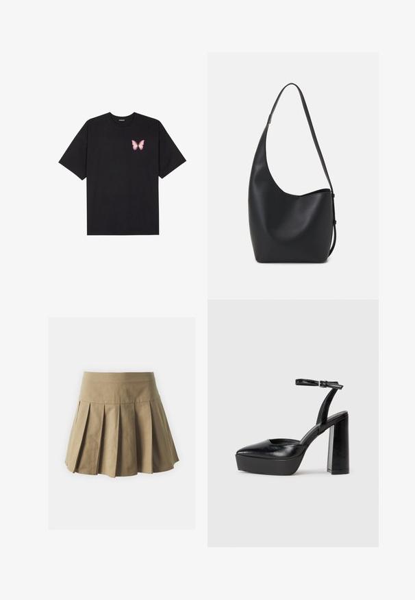 T-shirt de algodão preto com mangas curtas, apresentando um pequeno gráfico de borboleta rosa no lado esquerdo do peito. Design de gola redonda com um corte solto.; Saia plissada caqui com uma cintura ajustada, feita de tecido de algodão, apresentando uma textura uniforme e um design curto e evasé.; Saltos altos pretos com bico fino e atilho ajustável no tornozelo. Confeccionados em couro suave, apresentam um salto bloco robusto.; Saco hobo preto em pele com uma textura lisa, forma curva e uma única alça ajustável; apresenta uma abertura larga na parte de cima.