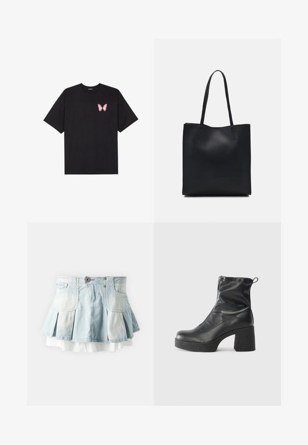 Tricou negru din bumbac cu mâneci scurte, având pe partea stângă a pieptului un mic grafic cu un fluture roz. Design cu guler rotund și croială lejeră.; BDG Urban Outfitters RUBY RARA - Fustă denim - bleach denim; Bocanci negri de glezna din piele netedă, cu fermoar lateral, toc texturat și masiv, și design cu vârf rotund.; Geantă tote neagră din piele, cu textură netedă, formă rectangulară și două mânere lungi. Fără hardware vizibil sau ornamente.