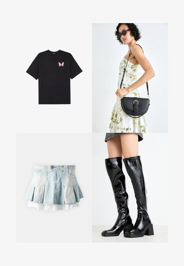 Must muströöpidega must puuvillane T-särk, vasakul rinnal on väike roosa liblikas. Ümar kaelus ja vabalt istuv lõige.; BDG Urban Outfitters RUBY RARA - Teksaseelik - bleach denim; Mustad, läikivad, põlvekõrgused saapad ruudukujulise varbaga ja paksu kontsaga. Sisaldab külgzipperit ja sobivat, tekstuurset disaini.; Mustmust mustraha kõverate joontega, eemaldatava rihmaga ja kuldsete detailidega. Kotil on klapp, millel on pandladetail.