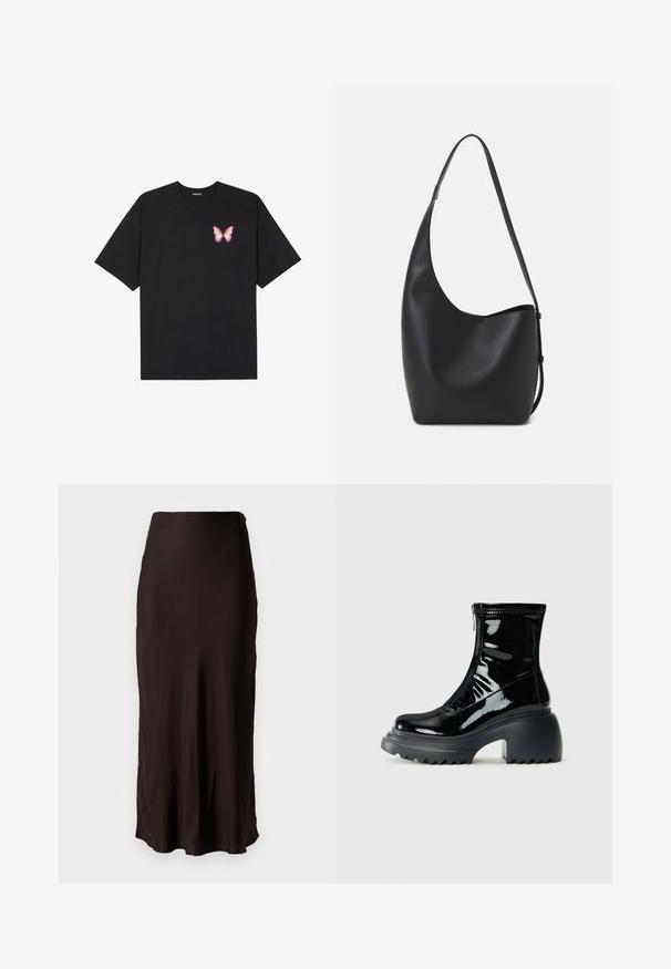 Črna bombažna majica s kratkimi rokavi, ki ima majhen roza metuljček na levi strani prsnega dela. Majica s krožnim ovratnikom in sproščenim krojem.; Črna, mid-length krila iz gladkega, lahkega materiala, s pravo obliko in bočnim razporkom. Opremljena je s preprostim pasom.; Svetleče črne platforme gležnarji z zaobljenim nosom, masivnim peto, zadrgo in debelim rebrastim podplatom na beli podlagi.; Črna usnjena hobo torba z gladko teksturo, ukrivljeno obliko in eno nastavljivo naramnico; ima širok odprtina na vrhu.