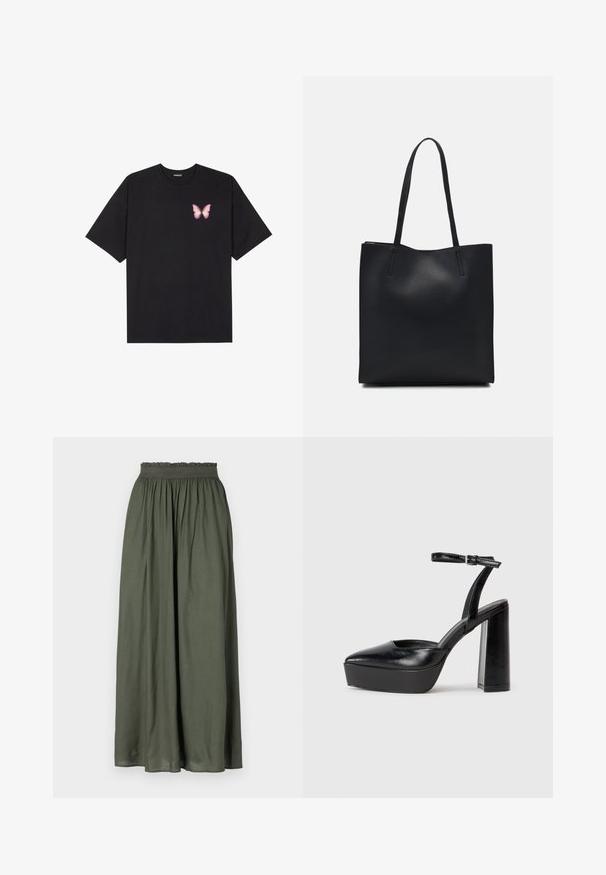 Musta puuvillapaita lyhyillä hihoilla, jossa on pieni vaaleanpunainen perhosgrafiikka vasemmassa rinnassa. Pyöreä kaula-aukko ja rento istuvuus.; Tummanvihreä maxihame, joka on valmistettu kevyestä kankaasta. Hameessa on kerätty joustovyötärö ja virtaava muotoilu, jossa on laskoksia.; Mustat korkeat platform-kengät, joissa on terävä kärki ja säädettävä nilkkaremmi. Valmistettu sileästä nahasta ja varustettu paksulla lohkokorkeudella.; Mustapahkainen kangaskassi, jossa on sileä pinta, suorakaiteen muotoinen ja kaksi pitkää kahvaa. Ei näkyvää metalliosaa tai koristeita.