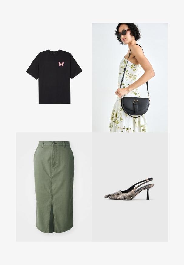 T-shirt de algodão preto com mangas curtas, apresentando um pequeno gráfico de borboleta rosa no lado esquerdo do peito. Design de gola redonda com um corte solto.; Saia de ganga verde-azeitona com corte a meio, racha frontal, cintura tradicional com fecho de botão, e detalhes cosidos ao longo das costuras.; Sapatos slingback de bico fino feitos de material texturizado com padrão de cobra, apresentando um salto preto esguio e um design recortado nas laterais.; Bolsa de couro preta com forma curva, alça destacável e detalhes em dourado. A bolsa possui uma aba com detalhe de fivela.