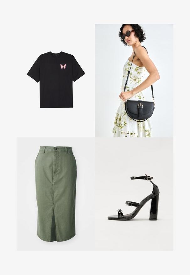 Zwarte katoenen t-shirt met korte mouwen, voorzien van een kleine roze vlinder graphic op de linkerkant van de borst. Crew neck ontwerp met een relaxte fit.; Olijfgroene denim rok met een middenlange snit, voorkantsplit, traditionele taille met een knoopsluiting en gestikte details langs de naden.; Zwarte gepatenteerde sandalen met hak en een vierkante neus, enkelbandjes en zilveren gespen. Heeft een stevige blokhak voor stabiliteit.; Zwarte leren handtas met een gebogen vorm, afneembare schouderband en gouden hardware. De tas heeft een klep met een gespsluiting.