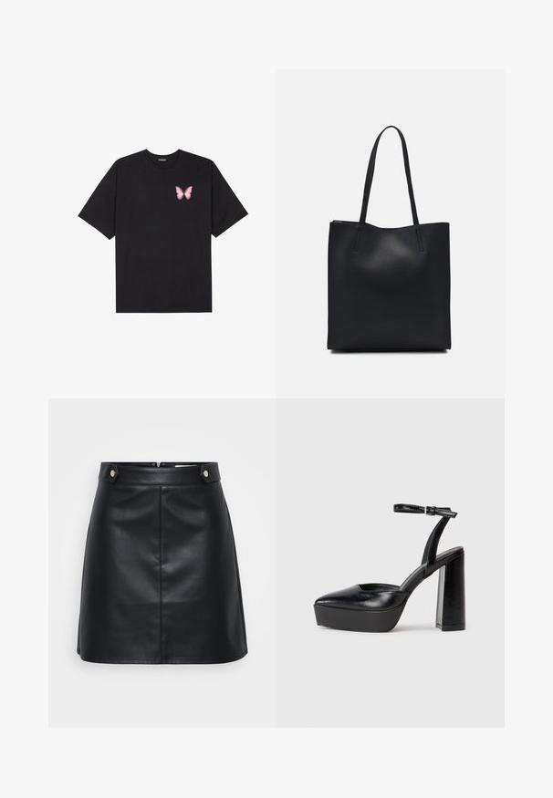 Camiseta de algodón negra de manga corta, con un pequeño gráfico de mariposa rosa en el lado izquierdo del pecho. Diseño de cuello redondo con un corte relajado.; Falda de cuero negra con un diseño ajustado, dos bolsillos frontales con herrajes en tono dorado y un cierre de cremallera en la parte posterior. Textura suave.; Zapatos de tacón negro con punta afilada y correa ajustable en el tobillo. Confeccionados en cuero suave, presentan un tacón grueso.; Bolso tote de cuero negro con textura lisa, forma rectangular y dos asas largas. Sin herrajes ni adornos visibles.; Anillo en tono dorado con un diseño orgánico y retorcido, con una textura suave y extremos cónicos, creando una apariencia moderna y escultórica.