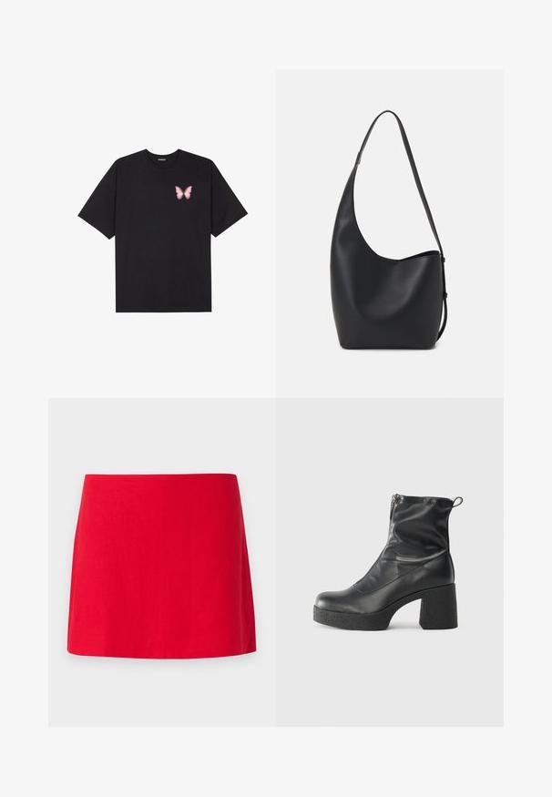 Musta puuvillapaita lyhyillä hihoilla, jossa on pieni vaaleanpunainen perhosgrafiikka vasemmassa rinnassa. Pyöreä kaula-aukko ja rento istuvuus.; Punainen pellavakortti, jossa on yksinkertainen, suora muotoilu. Materiaalissa on sileä rakenne, eikä siinä ole nähtävissä kuvioita tai metalliosia.; Mustat nilkkurit, jotka on valmistettu sileästä nahasta. Niissä on sivuvetoketju, paksu teksturoitu korko ja pyöristetty kärki.; Musta nahkainen hobo-laukku, jossa on sileä pinta, kaareva muoto ja yksi säädettävä olkahihna; sisäänkäynti on leveä ylhäältä.