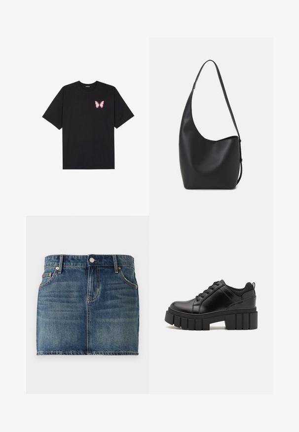 Crna pamučna majica s kratkim rukavima, s malim grafičkim prikazom ružičaste vjetricaste s desne strane na prsima. Dizajn s okruglim izrezom i opuštenim krojem.; Denim mini suknja u tamnoplavoj boji s dizajnom od pet džepova, dugmetom za zatvaranje i vidljivim šavovima. Glatka tekstura s blagim izbljeđivanjem.; Crne kožne platforme s debelim blok-peta, okruglim prstima i klasičnim dizajnom vezanja. Imaju gladak tekstur i minimalne detalje.; Crna kožna hobo torba s glatkom teksturom, zakrivljenim oblikom i jednom podesivom trakicom; ima širok otvor na vrhu.