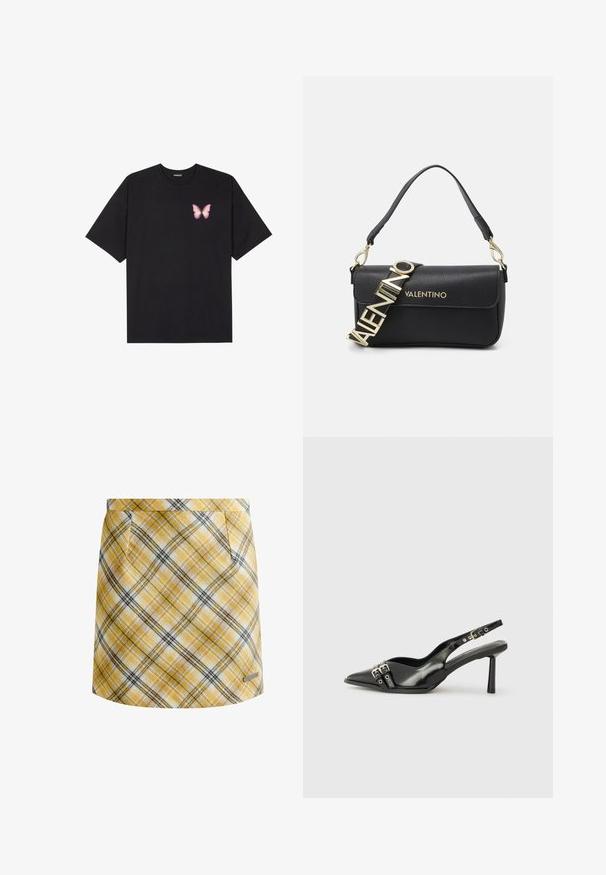 Black cotton t-shirt with short sleeves, featuring a small pink butterfly graphic on the left chest. Crew neck design with a relaxed fit.; Yellow plaid skirt with black and white check pattern, crafted from soft fabric. Features a fitted waist and two side pockets.; Black patent leather slingback shoe with pointed toe, ankle straps featuring silver buckles and hardware, and a slender heel.; Black leather handbag with a structured shape, featuring a gold "VALENTINO" logo strap and a detachable shoulder strap. Textured finish.