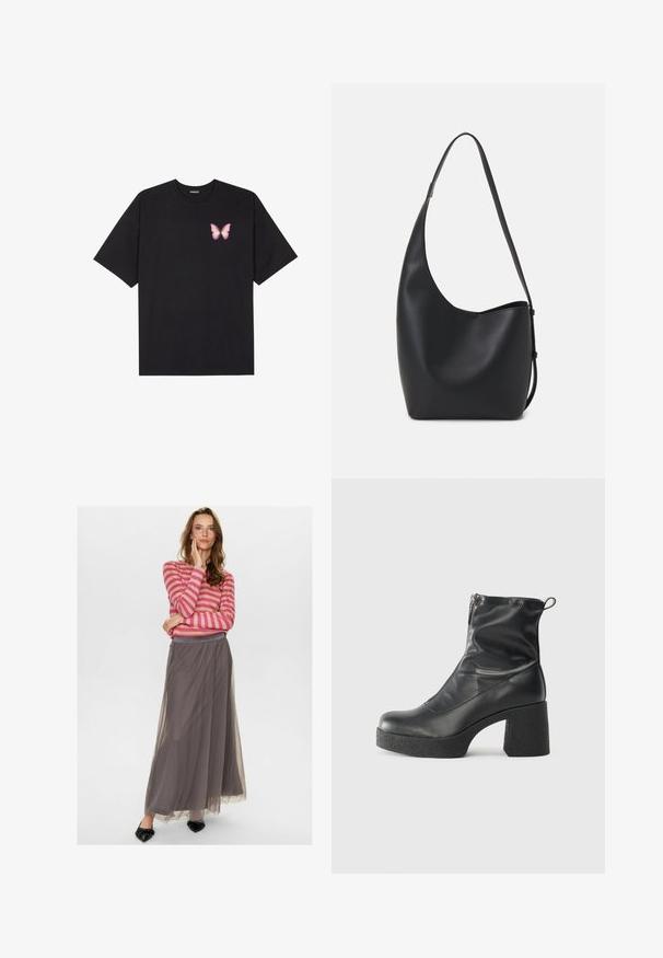 Fekete pamut póló rövid ujjakkal, bal mellkason egy kis rózsaszín pillangó grafikával. Kerek nyakú kialakítás, laza fazonnal.; Nümph NUEA  - Maxi szoknya - dark shadow; Fekete bokacsizmák sima bőrből, oldalsó cipzárral, vastag, texturált sarkú és lekerekített orrú dizájnnal.; Fekete bőr hobo táska sima textúrával, ívelt formával és egyetlen állítható pánttal; széles nyílás található a tetején.