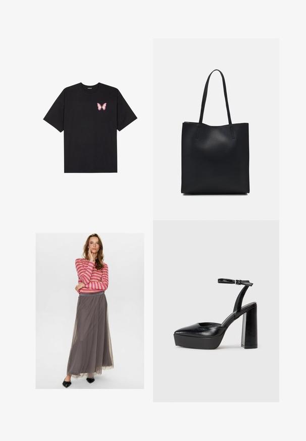 Schwarzes Baumwoll-T-Shirt mit kurzen Ärmeln, das ein kleines pinkes Schmetterlingsmotiv auf der linken Brust zeigt. Crewneck-Design mit einem entspannten Schnitt.; Nümph NUEA - Maxirock - dark shadow; Schwarze Plateau-High Heels mit spitzem Zeh und verstellbarem Knöchelriemen. Gefertigt aus glattem Leder und mit einem klobigen Blockabsatz.; Schwarze Laptoptasche aus Leder mit glatter Textur, rechteckiger Form und zwei langen Griffen. Keine sichtbaren Beschläge oder Verzierungen.