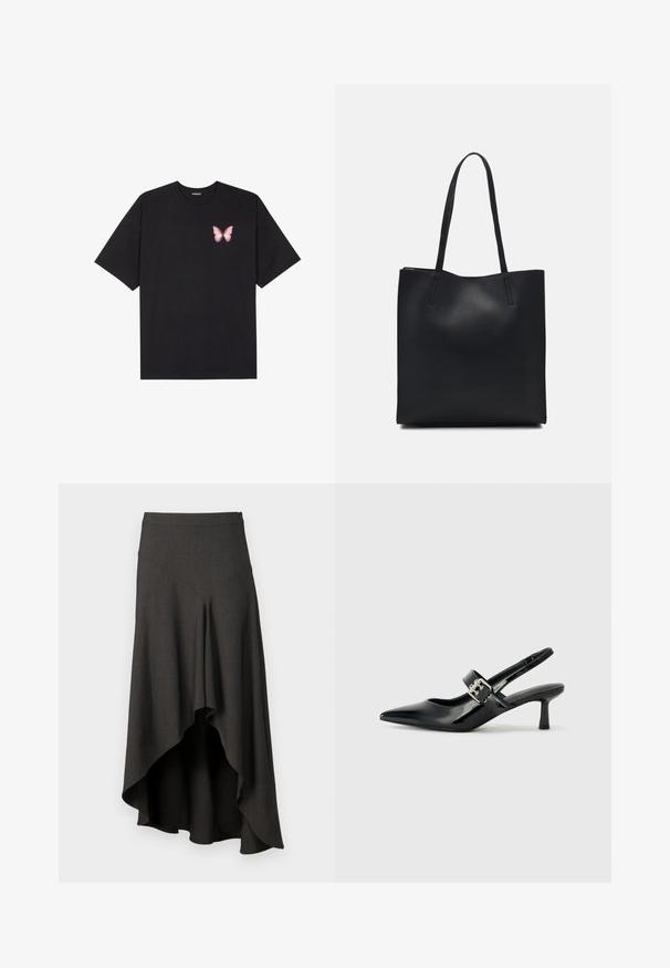 Čierne bavlnené tričko s krátkymi rukávmi, s malým ružovým motýlikom na ľavej hrudi. Design s okrúhlym výstrihom a uvoľneným strihom.; Tmavo šedá sukňa s vysokým pásom a asymetrickým lemovaním. Vyrobená z hladkej tkaniny, s jemnou textúrou a čistým siluetou. Zapínanie na zips.; Čierne patentové kožené sandále na podpätku so špicatou špičkou a malým blokovým podpätkom, s dekoratívnou striebornou sponou na remienku.; Čierna kožená taška na rameno s hladkým povrchom, obdĺžnikovým tvarom a dvoma dlhými uchami. Bez viditeľného kovania alebo ozdôb.