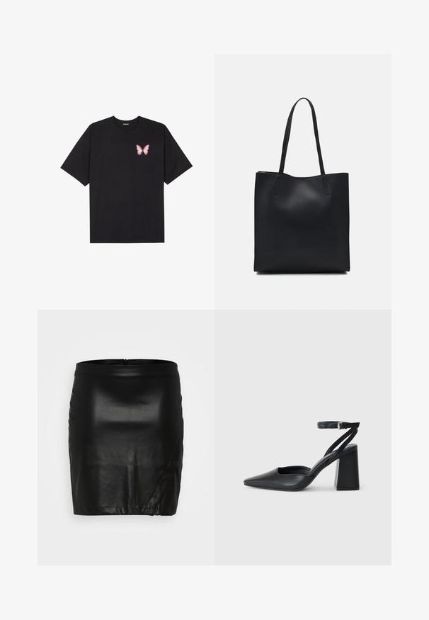 T-shirt de algodão preto com mangas curtas, apresentando um pequeno gráfico de borboleta rosa no lado esquerdo do peito. Design de gola redonda com um corte solto.; Saia mini preta feita de imitação de couro brilhante com uma textura suave e um design frontal levemente drapeado. Apresenta um fecho zíper nas costas discreto.; Sandal com biqueira afilada em couro preto, com cinta no tornozelo e salto grosso. Textura lisa, design elegante e estética minimalista.; Bolsa tote preta em couro com textura lisa, forma retangular e duas alças longas. Sem hardware ou enfeites visíveis.