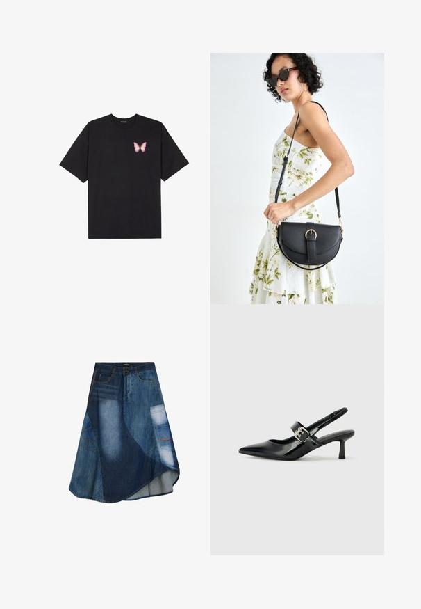 T-shirt nera in cotone con maniche corte, caratterizzata da una piccola grafica di una farfalla rosa sul lato sinistro del petto. Design a girocollo con una vestibilità rilassata.; Gonna in denim con un mix di lavaggi blu, design svasato, orlo angolato, chiusura frontale con bottoni e dettagli di tasche utilitarie.; Décolleté neri in vernice con punta affilata e tacco a blocco piccolo, dotati di un accentuato con fibbia argentata sulla cinturino.; Borsa a tracolla nera in pelle con una forma curva, manico rimovibile e accessori dorati. La borsa presenta una patta con un dettaglio a fibbia.