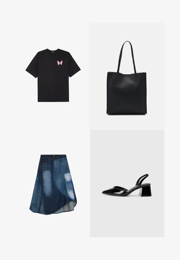 Černé bavlněné tričko s krátkým rukávem, na levém prsou s malou grafikou růžové motýlky. Design s kruhovým výstřihem a volným střihem.; Džínová sukně s kombinací modrých odstínů, rozšířeným střihem, šikmým lemem, předním zapínáním na knoflíky a detaily s kapsami pro užitkové účely.; Černé lakované kožené lodičky na pásku s špičatou špičkou a geometrickým blokovým podpatkem. Vyznačují se elegantním, minimalistickým designem a hladkým povrchem.; Černá kožená taška přes rameno s hladkým povrchem, obdélníkovým tvarem a dvěma dlouhými uchy. Žádné viditelné kování ani ozdoby.