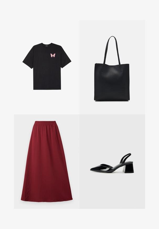 T-shirt de algodão preto com mangas curtas, apresentando um pequeno gráfico de borboleta rosa no lado esquerdo do peito. Design de gola redonda com um corte solto.; Saia maxi burgundy com um cós elástico, apresentando um tecido suave e fluido e um design simples e sem adornos.; Sandy em verniz preto com salto slingback, ponta afilada e salto geométrico. Apresenta um design elegante e minimalista com textura suave.; Bolsa tote preta em couro com textura lisa, forma retangular e duas alças longas. Sem hardware ou enfeites visíveis.