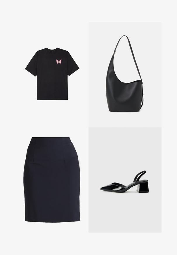 Melna kokvilnas T-krekls ar īsām piedurknēm, kuram priekšā kreisajā pusē ir neliels rozā tauriņa grafiskais attēls. Ar apaļu kaklu un brīvā stila piegriezumu.; Jūras spēku stila zila zīmuļa svārku izgatavoti no gludas auduma ar pieguļošu siluetu, kas piedāvā priekšējās kabatas un smalkas šuves pielāgotai struktūrai.; Melna lakota āda ar atvērto papēdi, ar smailu purngalu un ģeometrisku blokpapēdi. Iezīmējas elegants, minimāls dizains un gluda tekstūra.; Melnas ādas hobo soma ar gludu tekstūru, izliekta forma un vienu regulējamu jostu; augšā ir plaša atvere.