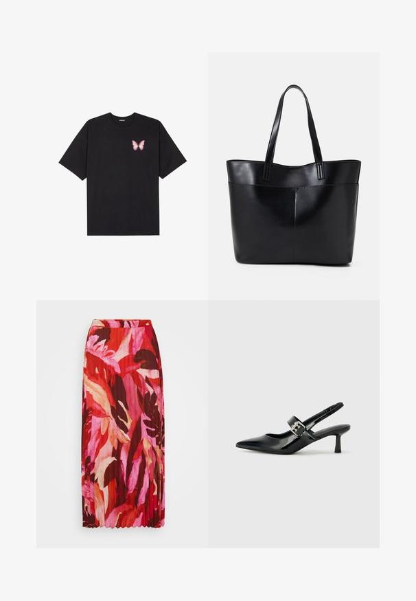 T-shirt de algodão preto com mangas curtas, apresentando um pequeno gráfico de borboleta rosa no lado esquerdo do peito. Design de gola redonda com um corte solto.; Saia maxi plissada com um vibrante design floral em tons de vermelho, rosa e creme; feita de tecido leve com um cós elástico.; Saltos slingback em verniz preto com bico pontiagudo e um pequeno salto bloco, apresentando um detalhe de fivela prateada na tira.; Bolsa tote preta em couro com duas alças longas, textura suave e forma estruturada. Apresenta um bolso frontal para armazenamento adicional.