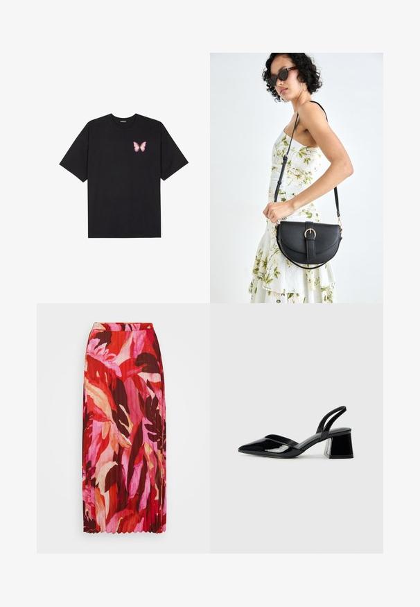 Melna kokvilnas T-krekls ar īsām piedurknēm, kuram priekšā kreisajā pusē ir neliels rozā tauriņa grafiskais attēls. Ar apaļu kaklu un brīvā stila piegriezumu.; Plisēta maxi svārki ar dzīvīgu ziedu dizainu sarkanos, rozā un krēma toņos; izgatavoti no viegla auduma ar elastīgu jostasvietu.; Melna lakota āda ar atvērto papēdi, ar smailu purngalu un ģeometrisku blokpapēdi. Iezīmējas elegants, minimāls dizains un gluda tekstūra.; Melnas ādas rokassoma ar izliekta formu, noņemamu siksnu un zelta aksesuāriem. Somai ir vāciņš ar sprādzes detaļu.