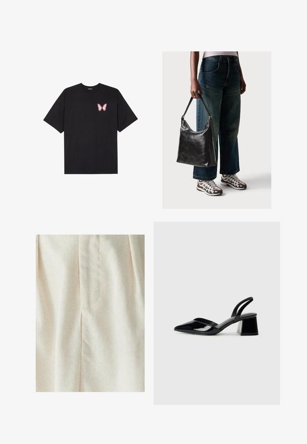 Sort bomulds T-shirt med korte ærmer, prydet med en lille pink sommerfugl grafik på venstre bryst. Rund hals design med en afslappet pasform.; WILLA MIMIE MIDI - Pliceret nederdel /Nederdele med folder - natural; Sorte patentlæder slingback hæle med spids tå og en geometrisk blok hæl. Har et elegant, minimalistisk design og en glat tekstur.; Sort læder skuldertaske med en glat tekstur og justerbar skulderrem, parret med faded brede bukser og atletiske sneakers.