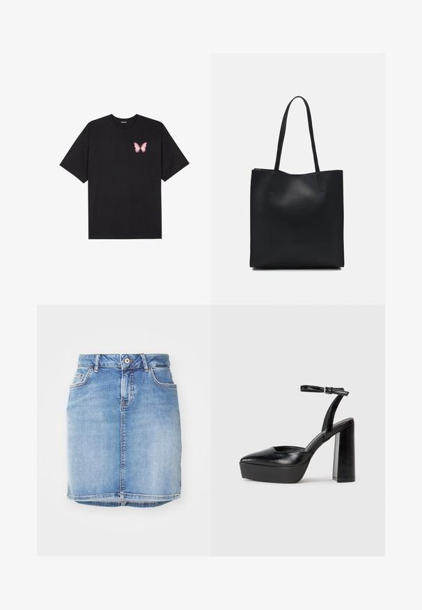 Crna pamučna majica s kratkim rukavima, s malim grafičkim prikazom ružičaste vjetricaste s desne strane na prsima. Dizajn s okruglim izrezom i opuštenim krojem.; Svijetloplavi traper suknja s uskim krojem, pet džepova i vidljivim šavovima. Sadržava prednje kopčanje na gumb i stršeni rub.; Crne platforme s potpeticom s oštrim vrhom i podešivom naramenicom. Izrađene od glatke kože, s masivnom blok petom.; Crna kožna torba za nošenje s glatkom teksturom, pravokutnim oblikom i dvije duge ručke. Nema vidljivih metalnih dijelova ili ukrasa.