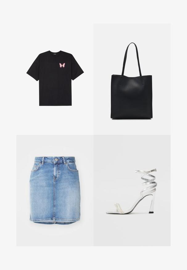 Zwarte katoenen t-shirt met korte mouwen, voorzien van een kleine roze vlinder graphic op de linkerkant van de borst. Crew neck ontwerp met een relaxte fit.; Lichtblauwe spijkerrok met een aansluitend ontwerp, vijf zakken en zichtbare stiksels. Voorzien van een sluiting met knopen aan de voorkant en een rafelige zoom.; Zilveren sandaal met hoge hakken en een glanzend bandontwerp, met een parelachtige accent en een gewikkelde enkelband voor een veilige pasvorm.; Zwarte leren handtas met een gladde textuur, rechthoekige vorm en twee lange handvaten. Geen zichtbare hardware of versieringen.