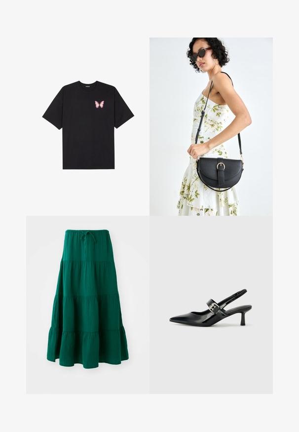 Melna kokvilnas T-krekls ar īsām piedurknēm, kuram priekšā kreisajā pusē ir neliels rozā tauriņa grafiskais attēls. Ar apaļu kaklu un brīvā stila piegriezumu.; Zaļš maksi svārki, kas izgatavoti no viegla auduma. Iespējas ietver kakla auklu un izplestu ruffles apakšmalā. Mīksta tekstūra.; Melnas lakotas ādas sūkņa kurpes ar norādītu purngali un mazu bloku papēdi, ar sudraba sprādzi akcentā uz jostas.; Melnas ādas rokassoma ar izliekta formu, noņemamu siksnu un zelta aksesuāriem. Somai ir vāciņš ar sprādzes detaļu.