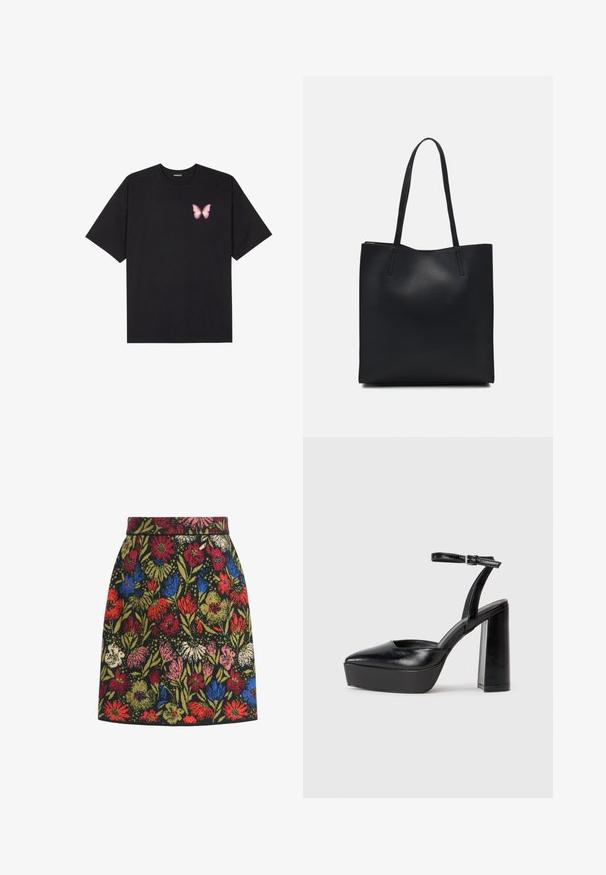Čierne bavlnené tričko s krátkymi rukávmi, s malým ružovým motýlikom na ľavej hrudi. Design s okrúhlym výstrihom a uvoľneným strihom.; Sukňa s kvetinovým vzorom s čiernym pozadím, farebnými kvetmi v červenej, modrej, ružovej a zelenej farbe, so priliehavým pásom a tvarom do A.; Čierne platformové podpätky so špicatou špičkou a nastaviteľným členkovým remienkom. Vyrobené z hladkej kože a so robustným blokovým podpätkom.; Čierna kožená taška na rameno s hladkým povrchom, obdĺžnikovým tvarom a dvoma dlhými uchami. Bez viditeľného kovania alebo ozdôb.