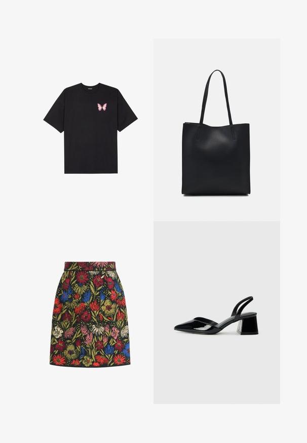 Black cotton t-shirt with short sleeves, featuring a small pink butterfly graphic on the left chest. Crew neck design with a relaxed fit.; Floral patterned skirt featuring a black background, colorful flowers in red, blue, pink, and green, with a fitted waistband and A-line shape.; Black patent leather slingback heels with a pointed toe and a geometric block heel. Features a sleek, minimal design and smooth texture.; Black leather tote bag with smooth texture, rectangular shape, and two long handles. No visible hardware or embellishments.